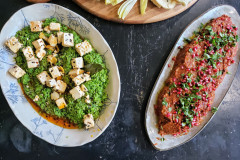 Pea spread with feta and muhammara