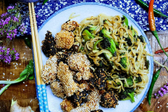 Black-and-white-sesame-chicken-and-dan-dan-noodles-with-broccoli-snow-peas-and-bok-choy