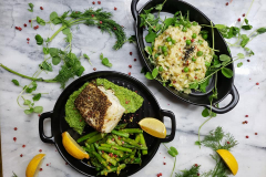 Pan-roasted-Chilean-sea-bass-with-a-pea-pesto-and-lemon-red-peppercorn-asparagus-along-with-pea-and-pea-shoot-risotto