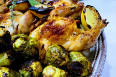 Roasted-Cornish-game-hen-with-citrus-glazed-Brussels-sprouts