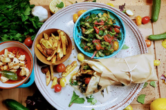 chicken-shawarma-on-grilled-pita-with-Lebanese-salad-Israeli-marinated-feta-tahini-sauce-and-Aleppo-fries